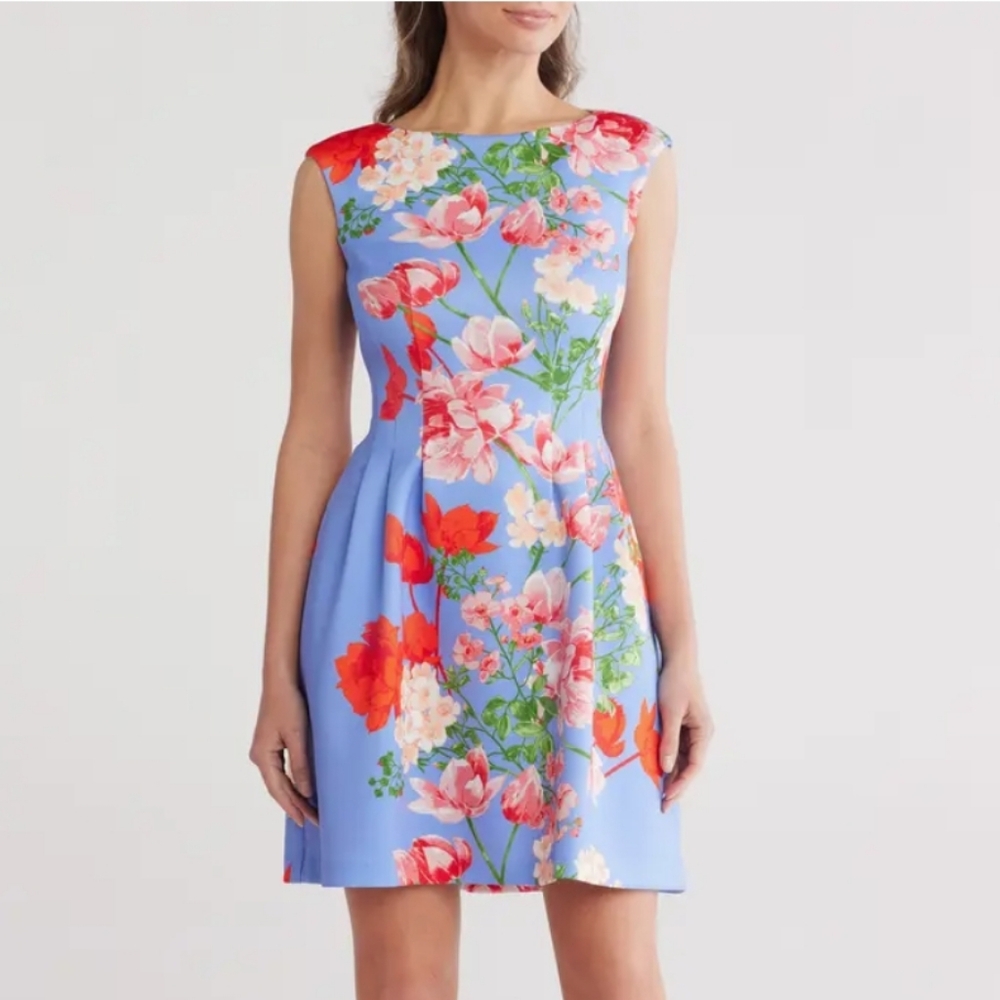 NWT Vince Camuto Blue Multicolor  Floral Print Fit & Flare Dress Womens Size 14